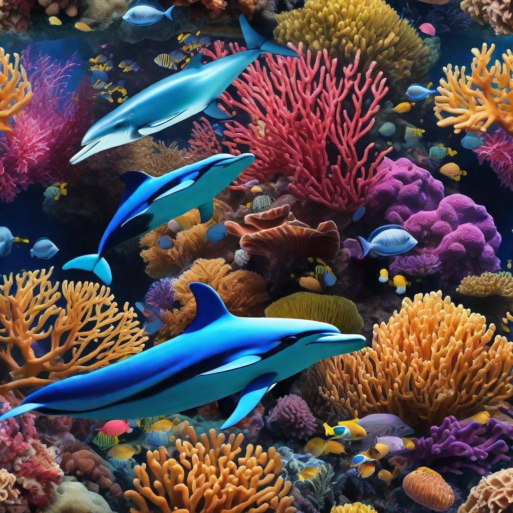  masterpiece, best quality, Most Beautiful in deep sea teeming with vibrant corals, diverse marine life, and enchanting underwater landscapes, full of corals, acrophore, small fishes, anemones, dolphin, various algaes, caves, colorful,all captured in stunning 8k resolution with intricate details.