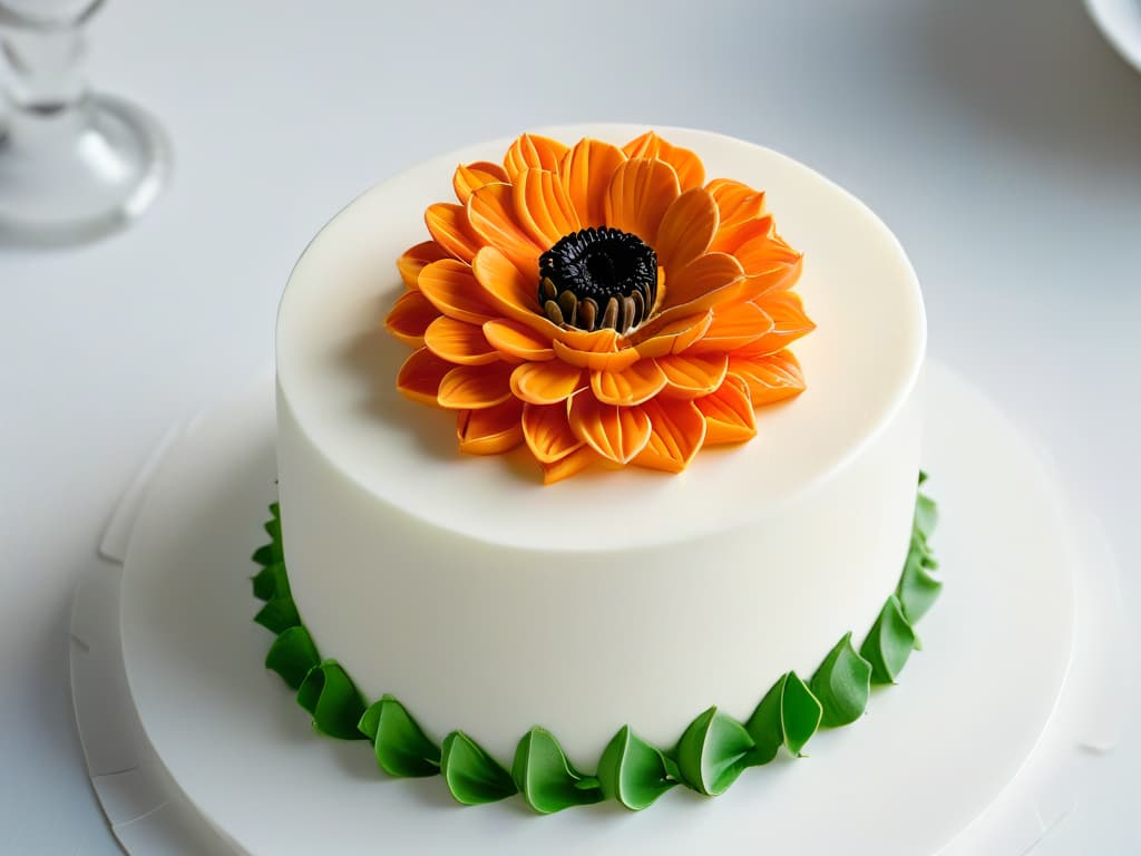  A closeup, highresolution image of a delicate, intricately designed 3D printed sugar flower resting on a glossy, white fondant cake. The flower features intricate details and vibrant colors, showcasing the precision and artistry achievable through 3D printing technology in the realm of pastry decoration. The clean, minimalistic composition highlights the fusion of technology and culinary art, evoking a sense of elegance and innovation in the field of 3D printed confectionery. hyperrealistic, full body, detailed clothing, highly detailed, cinematic lighting, stunningly beautiful, intricate, sharp focus, f/1. 8, 85mm, (centered image composition), (professionally color graded), ((bright soft diffused light)), volumetric fog, trending on instagram, trending on tumblr, HDR 4K, 8K