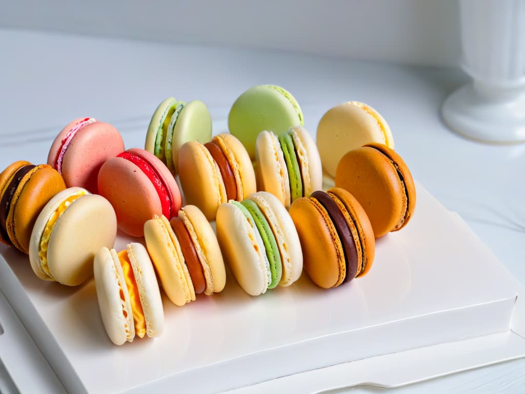  A closeup, ultradetailed image of a perfectly baked batch of colorful French macarons arranged neatly on a pristine white marble countertop. Each macaron showcases a smooth, glossy surface with delicate feet, displaying a range of pastel hues. The natural light streaming in from a nearby window highlights the intricate texture and vibrant colors of these delectable treats, inviting the viewer to indulge in the artistry and craftsmanship of French macaronmaking. hyperrealistic, full body, detailed clothing, highly detailed, cinematic lighting, stunningly beautiful, intricate, sharp focus, f/1. 8, 85mm, (centered image composition), (professionally color graded), ((bright soft diffused light)), volumetric fog, trending on instagram, trending on tumblr, HDR 4K, 8K