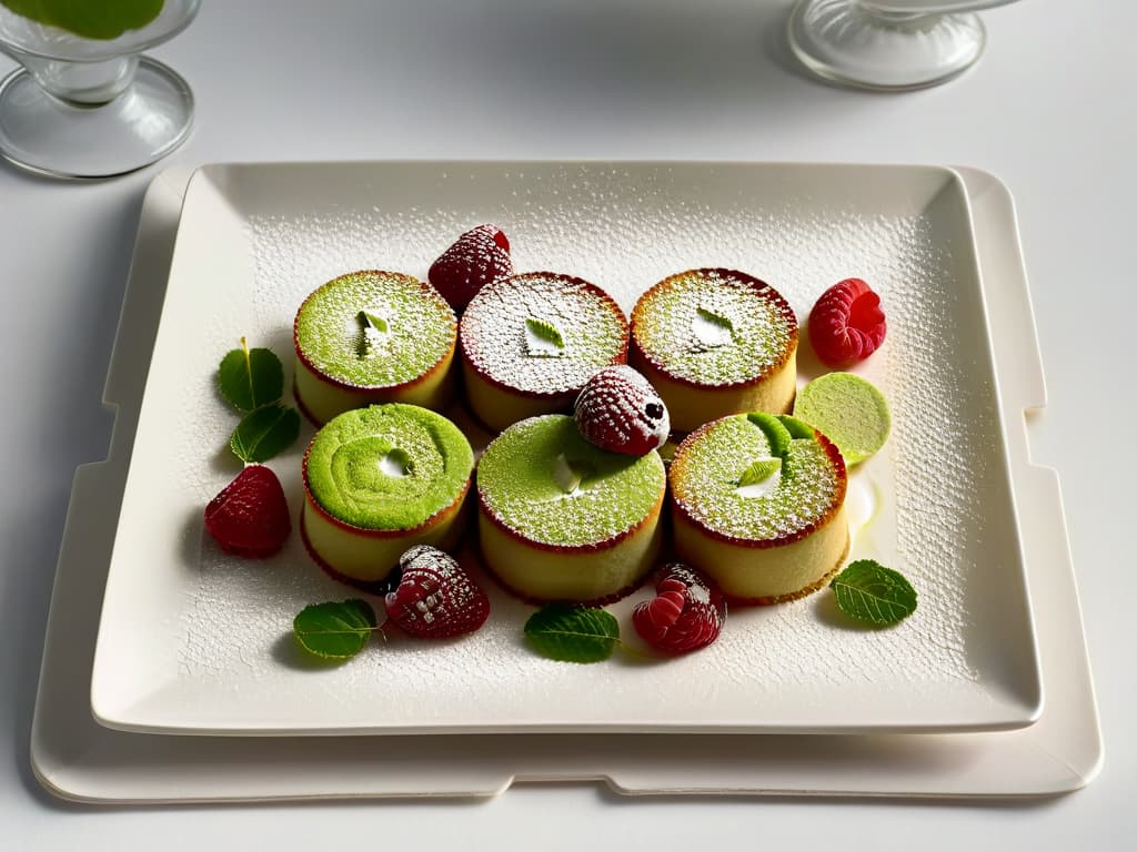  A highresolution, minimalist image of a beautifully arranged plate showcasing delicate pistachio and raspberry financiers, with a dusting of powdered sugar and fresh raspberries as garnish. The financiers are elegantly presented on a modern, sleek plate against a clean, white background, highlighting their goldenbrown crust and the vibrant red of the raspberries. The lighting is soft, emphasizing the texture of the financiers and creating a visually appealing and appetizing composition. hyperrealistic, full body, detailed clothing, highly detailed, cinematic lighting, stunningly beautiful, intricate, sharp focus, f/1. 8, 85mm, (centered image composition), (professionally color graded), ((bright soft diffused light)), volumetric fog, trending on instagram, trending on tumblr, HDR 4K, 8K