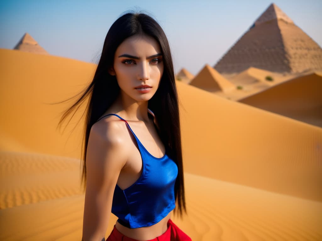  cinematic film still face in focus,beautiful makeup, ordinary hairstyle,long black hair,beautiful 18-year-,slim,European appearance,in a red tank top,in a very short silk blue ,face in focus,detailed skin,clear focus,desert.yellow sand,pyramids , high contrast ,high color saturation,4k, . shallow depth of field, vignette, highly detailed, high budget, bokeh, cinemascope, moody, epic, gorgeous, film grain, grainy