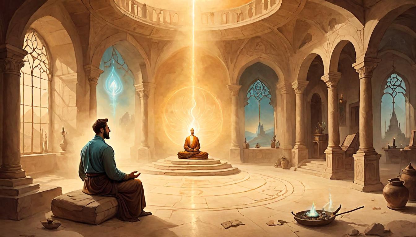  on parchment, surrealism+++, Home environment, person meditating with glowing aura, room filled with warm light, atmosphere serene, harmonious, balanced(mysterious, provocative, symbolic,muted color)+++