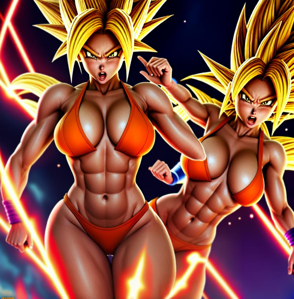  ((foto de cuerpo completo, pie plano, cuerpo recto)), ((laura {Super Super Saiyan mujer con grandes pechos})), ((lleva puesto son goku+Los disfraces de ella son extremadamente ajustados a su cuerpo.))