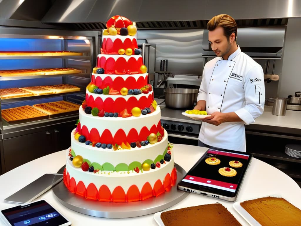  A photorealistic image of a professional pastry chef in a modern kitchen, surrounded by hightech mobile devices displaying various innovative baking apps. The chef is meticulously decorating a multitiered cake with intricate designs, showcasing creativity and precision. The kitchen is filled with colorful ingredients, sleek utensils, and advanced baking equipment, creating an inspiring and dynamic atmosphere for mobile app users looking to elevate their pastry skills. hyperrealistic, full body, detailed clothing, highly detailed, cinematic lighting, stunningly beautiful, intricate, sharp focus, f/1. 8, 85mm, (centered image composition), (professionally color graded), ((bright soft diffused light)), volumetric fog, trending on instagram, trending on tumblr, HDR 4K, 8K