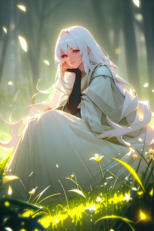  (masterpiece, best quality),1girl with long white hair sitting in a field of green plants and flowers, her hand under her chin, warm lighting, white dress, blurry foreground hyperrealistic, full body, detailed clothing, highly detailed, cinematic lighting, stunningly beautiful, intricate, sharp focus, f/1. 8, 85mm, (centered image composition), (professionally color graded), ((bright soft diffused light)), volumetric fog, trending on instagram, trending on tumblr, HDR 4K, 8K