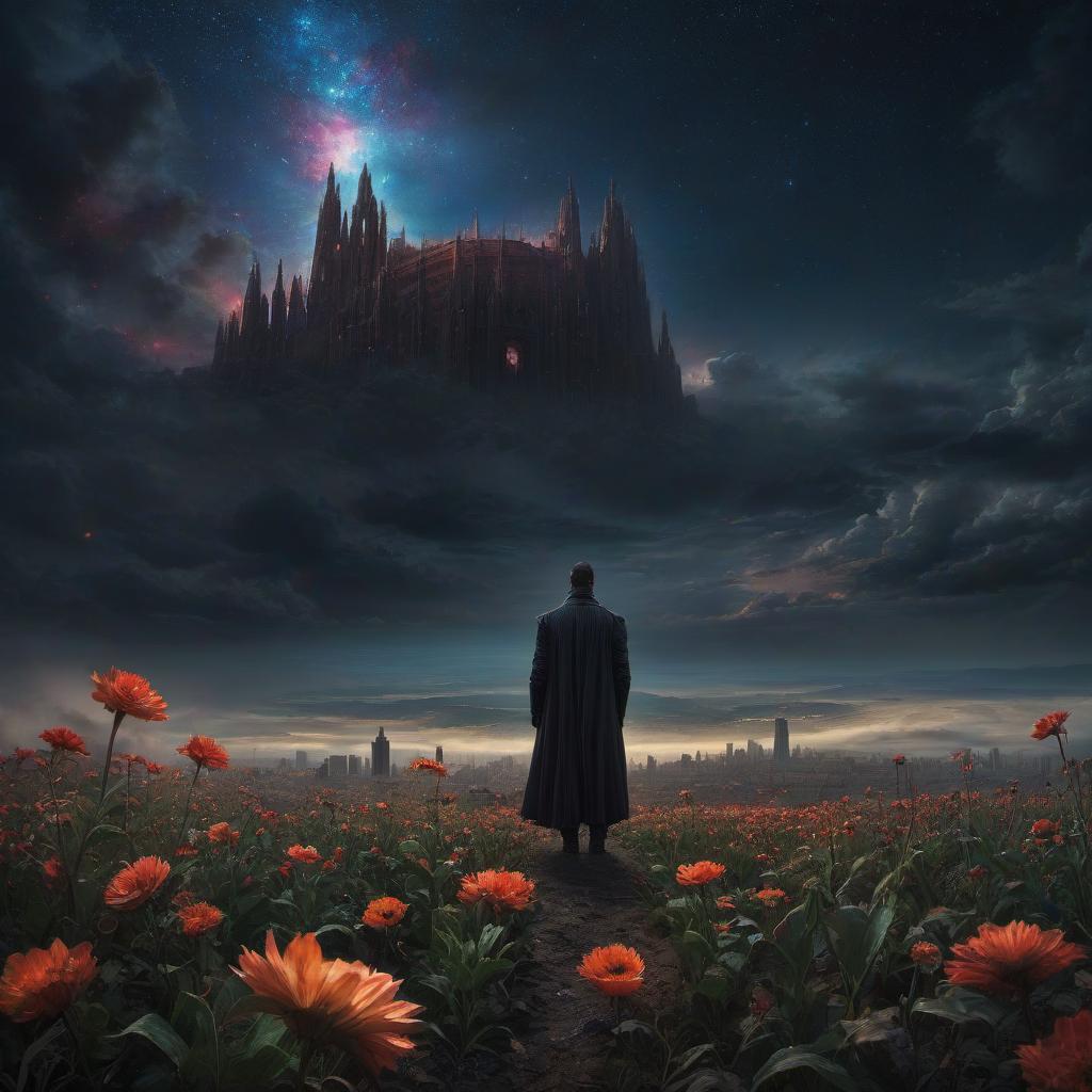  (stylized by Tomasz Alen Kopera:1.3) , dark art, dense flower field and Perseid meteor in background, landscape of a (Barcelona:1.2) , very Bizarre and 1600'S, Hurricane, Glitchcore, Amaro, layered textures, ornate, intricate artistic color, complimentary colors, very inspirational, atmosphere, fine artistic composition, sunny, theatrical hyperrealistic, full body, detailed clothing, highly detailed, cinematic lighting, stunningly beautiful, intricate, sharp focus, f/1. 8, 85mm, (centered image composition), (professionally color graded), ((bright soft diffused light)), volumetric fog, trending on instagram, trending on tumblr, HDR 4K, 8K