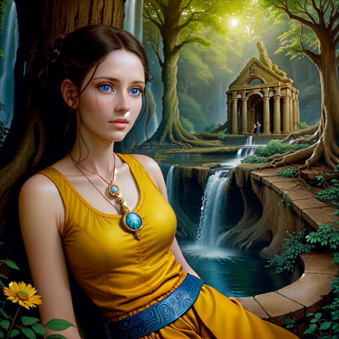  portrait of a woman in love aged 45, blue eyes, in a forest, timeless, sundial, scrapbook with analog, high quality, detailed, photo realism, style of esao andrews, perfect detailed eyes Ancient Trees. Roots. Waterfalls. Ancient Ruins And Trees Pools With Reflections. High Detail. Ancient Yellow-brick-road. lawn , Highly defined, highly detailed, sharp focus, (centered image composition), 4K, 8K
