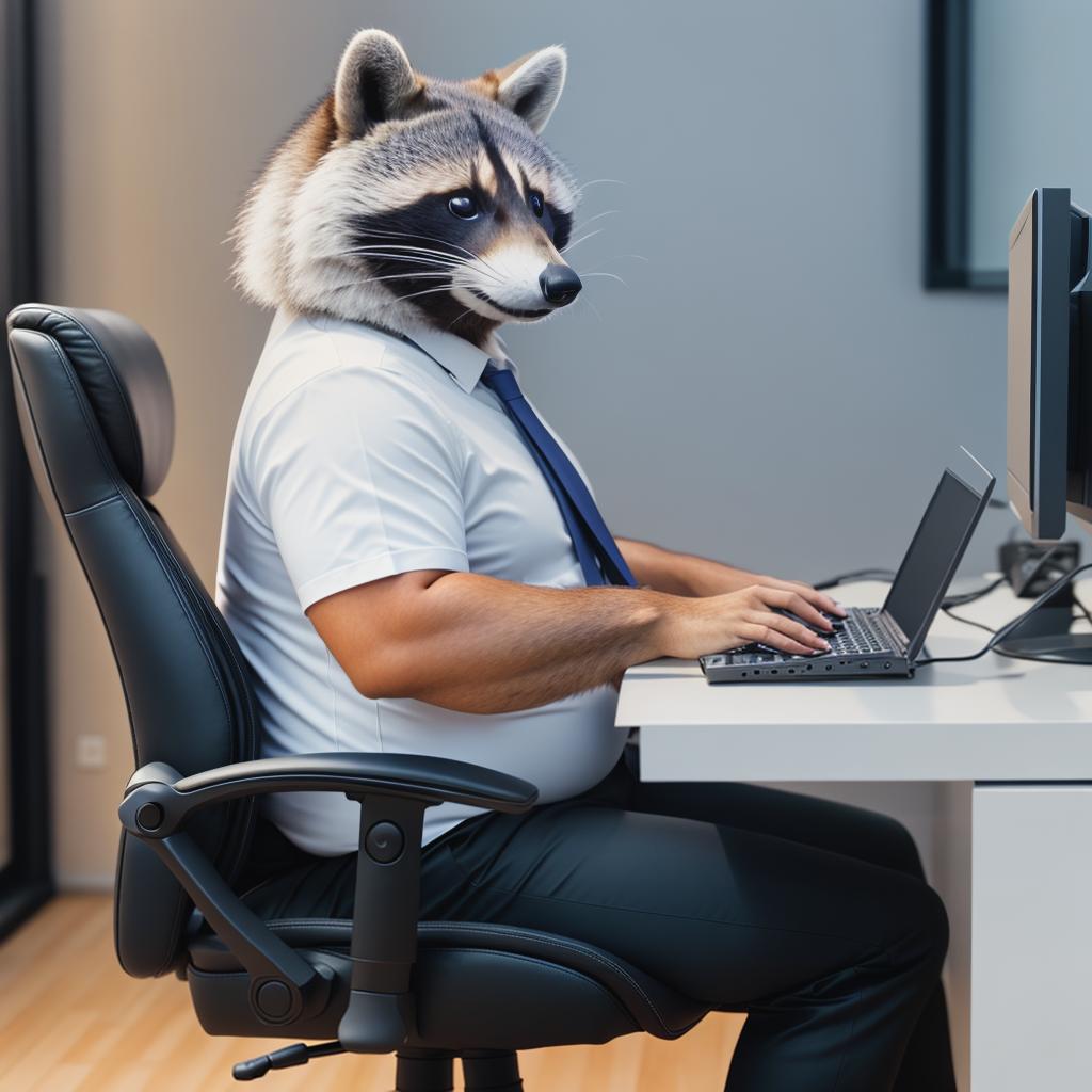  raccoon sitting in gaming chair front a computer on desktop, ((semi anthropomorphic)),(full body), tail, belly, sitting, fat, (chubby), (((white background))), solo, desktop, gaming chair, side view,  [[[clothes]]] hyperrealistic, full body, detailed clothing, highly detailed, cinematic lighting, stunningly beautiful, intricate, sharp focus, f/1. 8, 85mm, (centered image composition), (professionally color graded), ((bright soft diffused light)), volumetric fog, trending on instagram, trending on tumblr, HDR 4K, 8K