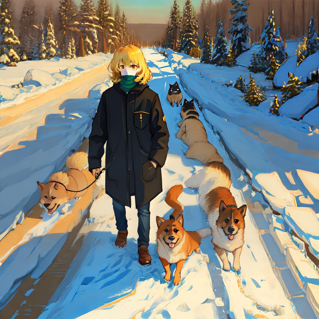  masterpiece, best quality, 1 golden border shepherd and 1 golden corgi walking side by side in the snow
