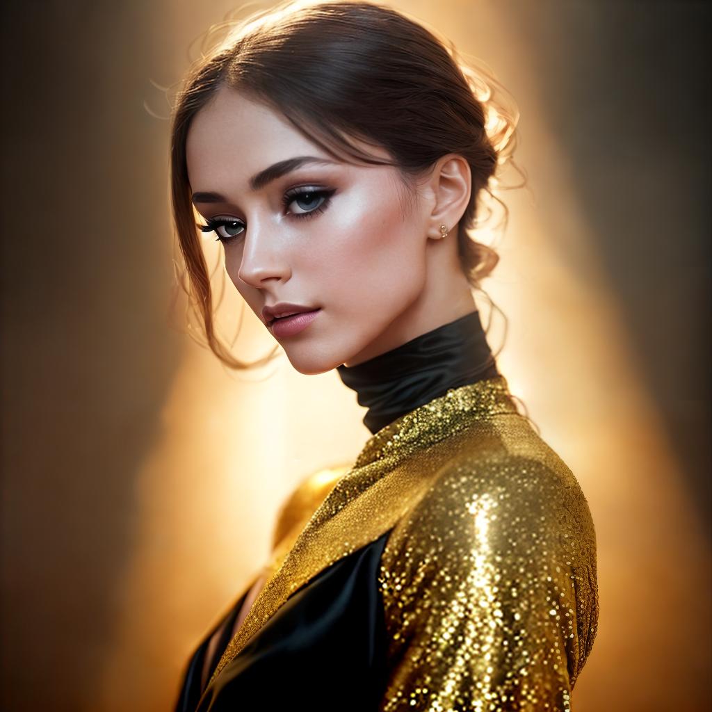 a photo in contrasting golden glow of a slender long neck of a girl, her chin is lifted up, her head is thrown back, there are drops on her skin, on the background of black expensive silk and golden sequins ,highly detailed, cinematic lighting, stunningly beautiful, intricate, sharp focus, f1. 8, 85mm, (centered image composition), (professionally color graded), ((bright soft diffused light)), volumetric fog, trending on instagram, trending on tumblr, HDR 4K, 8K