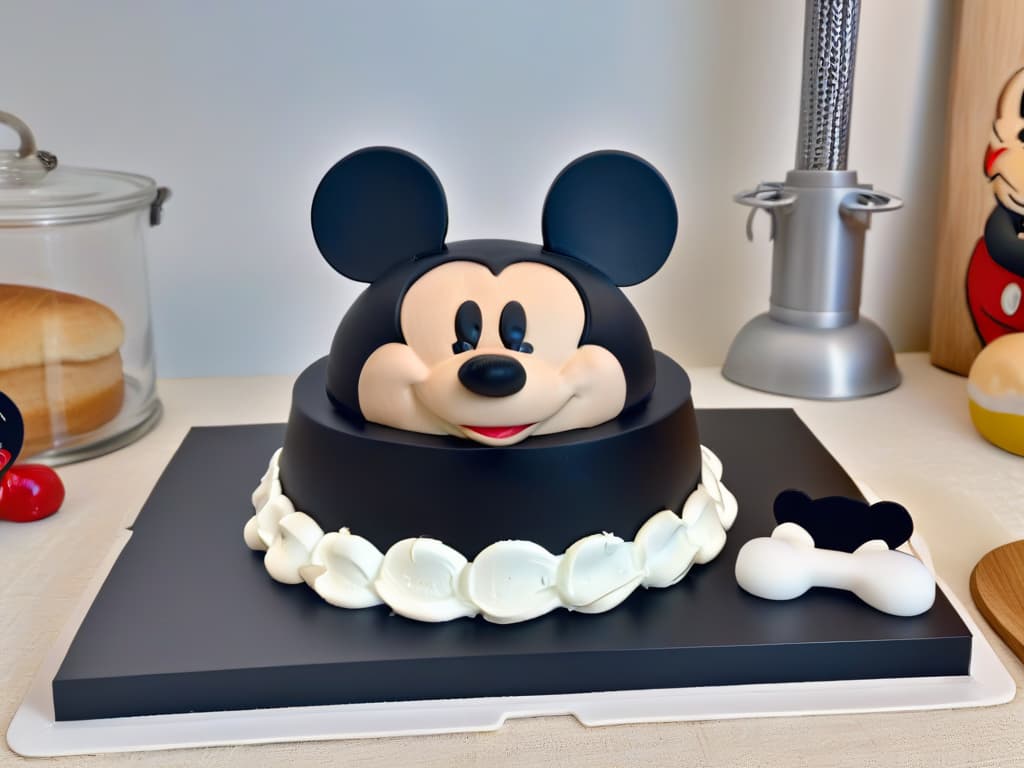  A minimalist, ultradetailed 8k image of a sleek, black kitchen countertop adorned with a set of gleaming, highquality Mickey Mousethemed baking utensils. The utensils feature subtle, elegant Mickey Mouse silhouettes integrated into their design, adding a touch of whimsy to the sophisticated kitchen setting. The lighting is soft and focused, highlighting the exquisite craftsmanship of each utensil and creating a visually captivating scene that perfectly embodies the timeless charm of Mickey Mousethemed baking tools. hyperrealistic, full body, detailed clothing, highly detailed, cinematic lighting, stunningly beautiful, intricate, sharp focus, f/1. 8, 85mm, (centered image composition), (professionally color graded), ((bright soft diffused light)), volumetric fog, trending on instagram, trending on tumblr, HDR 4K, 8K