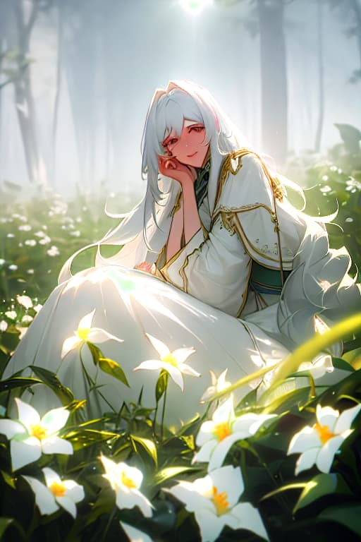  (masterpiece, best quality),1girl with long white hair sitting in a field of green plants and flowers, her hand under her chin, warm lighting, white dress, blurry foreground hyperrealistic, full body, detailed clothing, highly detailed, cinematic lighting, stunningly beautiful, intricate, sharp focus, f/1. 8, 85mm, (centered image composition), (professionally color graded), ((bright soft diffused light)), volumetric fog, trending on instagram, trending on tumblr, HDR 4K, 8K