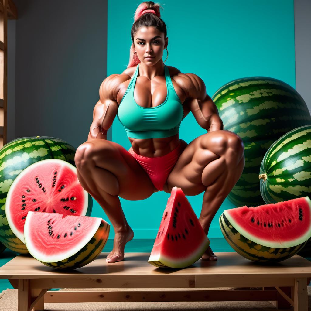  muscular girl, squashes a watermelon between quads, scissorhold, watermelon squashed, barefoot, huge calves, full body shot, 8k, high quality