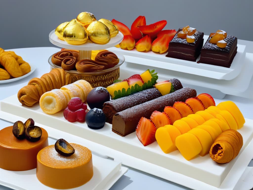  A closeup, ultradetailed image of a beautifully arranged array of colorful Africaninspired sweets and pastries on a sleek, modern white platter. Each dessert is meticulously crafted with intricate patterns and designs, showcasing the vibrant flavors and unique ingredients of African cuisine. The pastries are perfectly goldenbrown, glazed to perfection, and garnished with exotic fruits and spices, creating a visually stunning and mouthwatering display that captures the essence of exploring African flavors in the kitchen. hyperrealistic, full body, detailed clothing, highly detailed, cinematic lighting, stunningly beautiful, intricate, sharp focus, f/1. 8, 85mm, (centered image composition), (professionally color graded), ((bright soft diffused light)), volumetric fog, trending on instagram, trending on tumblr, HDR 4K, 8K