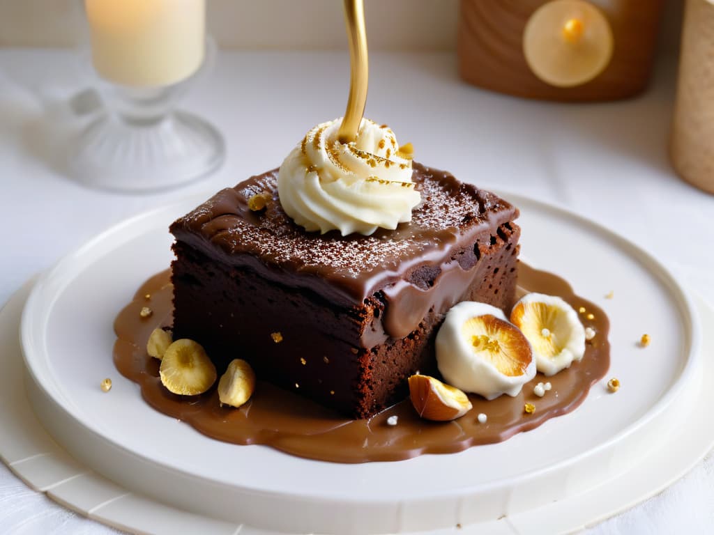  A photorealistic image of a decadent and rich chocolate brownie with a glossy ganache topping, sprinkled with crushed hazelnuts and edible gold flakes. The brownie is placed on a elegant white porcelain plate, accompanied by a scoop of creamy vanilla bean ice cream melting slightly on the side. The background is a soft focus of a cozy kitchen setting, with a hint of warm lighting casting a gentle glow on the dessert, creating a luxurious and indulgent feel. hyperrealistic, full body, detailed clothing, highly detailed, cinematic lighting, stunningly beautiful, intricate, sharp focus, f/1. 8, 85mm, (centered image composition), (professionally color graded), ((bright soft diffused light)), volumetric fog, trending on instagram, trending on tumblr, HDR 4K, 8K