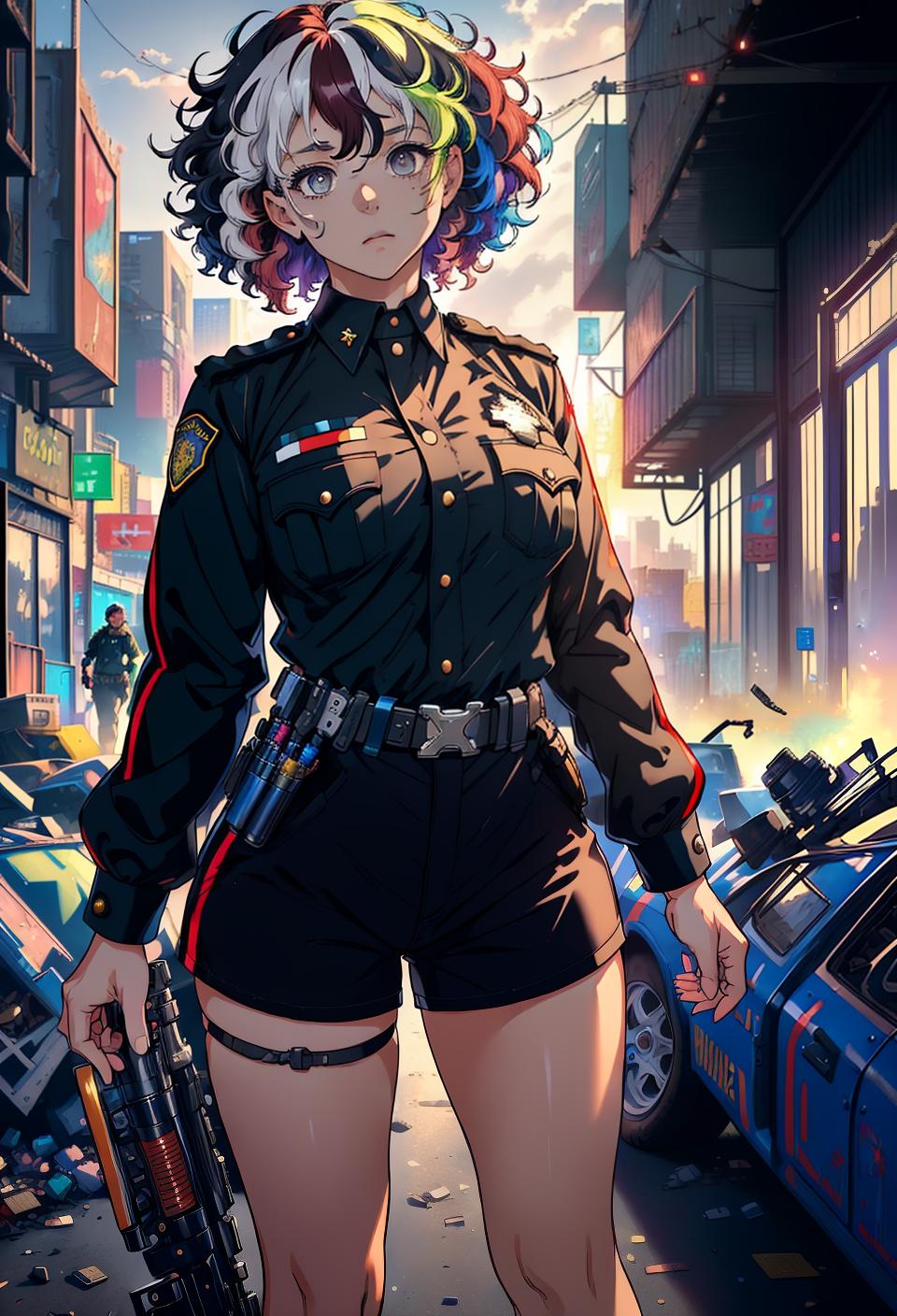  ((trending, highres, masterpiece, cinematic shot)), 1girl, mature, female police uniform, large, junkyard scene, short curly multicolored hair, side locks hairstyle, narrow rainbow-colored eyes, handy personality, sleepy expression, grey skin, orderly, clever
