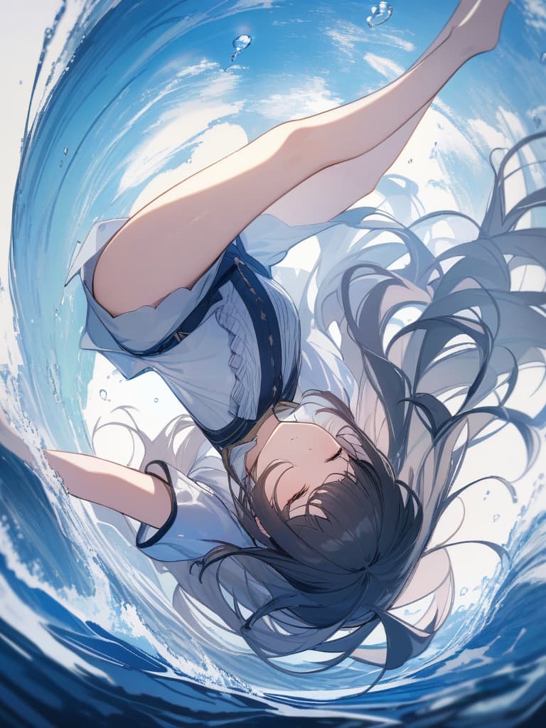  ultra detailed:1.2masterpiece:1.2,best quality,masterpiece,bestquality,hdr:1.1,8k:1.1,very cute girl:1.3,closed eyes:1.1,(fullbody:1.2)(falling sea:1.3),(splash:1.3),(flip upside down:1.7), masterpiece, best quality,8k,ultra detailed,high resolution,an extremely delicate and beautiful,hyper detail