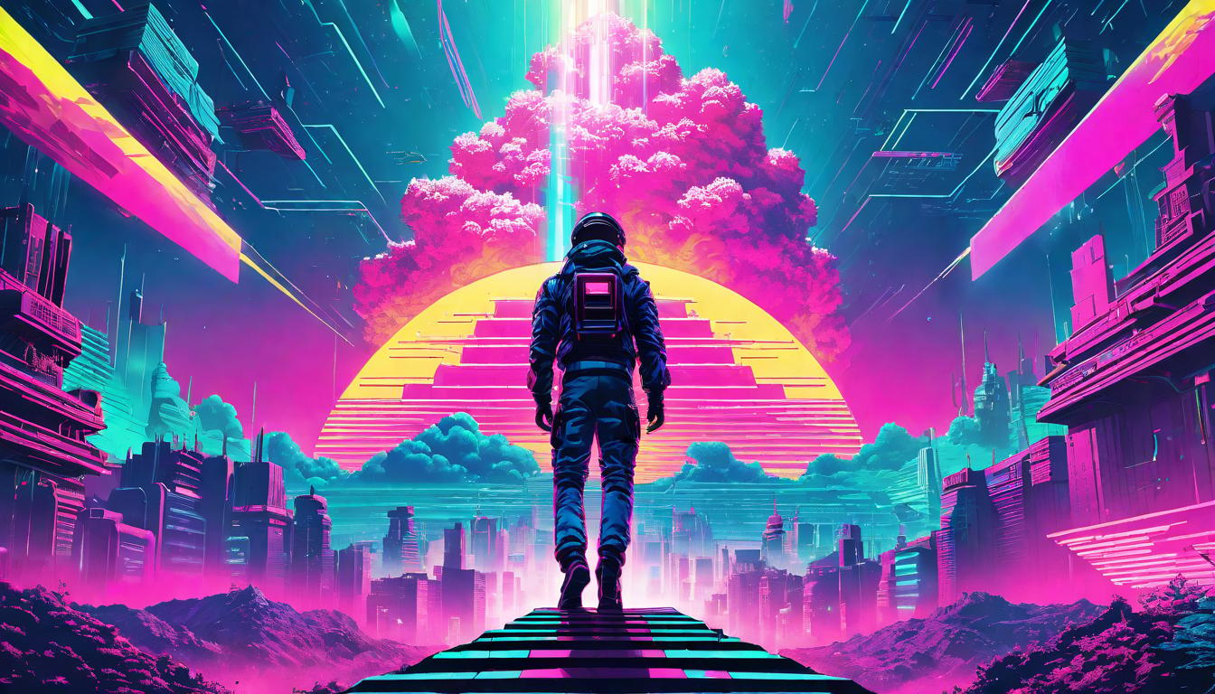  vaporwave,cyberpunk game style A person being lifted by celestial hands, radiating light, avoiding obstacles below, sense of divine interventioneon, dystopian, futuristic, digital, vibrant, detailed, high contrast, reminiscent of cyberpunk genre video games,retro aesthetic, cyberpunk, vibrant, neon colors, vintage 80s and 90s style, highly detailed