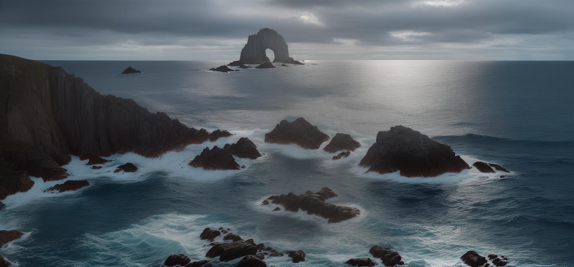  masterpiece, best quality, (ocean landscape), britanny, granit rocks, 4k, realistic, beautiful, photography, greyish weather, cinematic, photorealistic,(3 rocks), cloudy, left rock makes an arch, middle is wide and bumby, right is smalland spiky