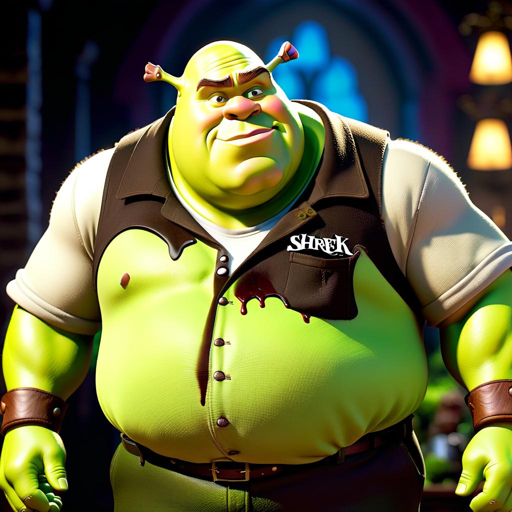  An obese character from "Shrek" with an "SVO" written on his shirt and a grease stain on his shirt as well. hyperrealistic, full body, detailed clothing, highly detailed, cinematic lighting, stunningly beautiful, intricate, sharp focus, f/1. 8, 85mm, (centered image composition), (professionally color graded), ((bright soft diffused light)), volumetric fog, trending on instagram, trending on tumblr, HDR 4K, 8K