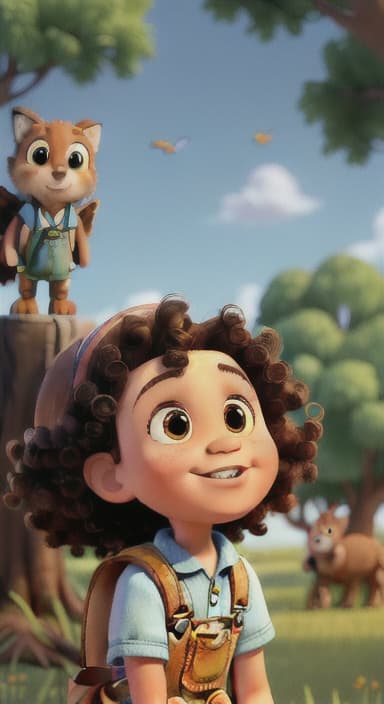  {Riley looking up at the tree with a big smile, animals surrounding them., Riley, a curious with big brown eyes and curly hair, wearing overalls and carrying a small backpack. Their friend, Skye, a bluebird with shiny feathers.