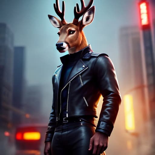  Please create brutal biker who loves the deer hyperrealistic, full body, detailed clothing, highly detailed, cinematic lighting, stunningly beautiful, intricate, sharp focus, f/1. 8, 85mm, (centered image composition), (professionally color graded), ((bright soft diffused light)), volumetric fog, trending on instagram, trending on tumblr, HDR 4K, 8K