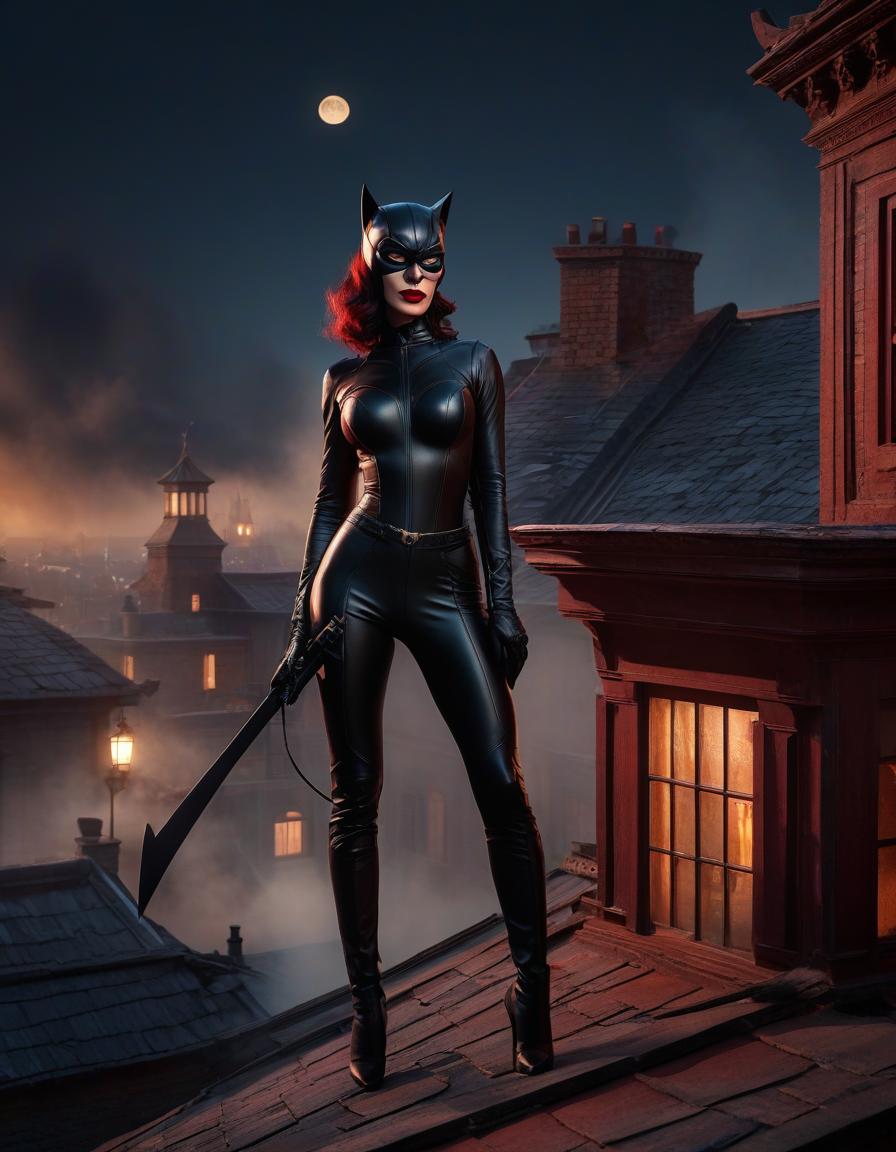  A catwoman sneaks on her heels in the moonlight on the roof of an ancient house with a weather vane and a chimney, smoke, glow, red black colors, lots of details hyperrealistic, full body, detailed clothing, highly detailed, cinematic lighting, stunningly beautiful, intricate, sharp focus, f/1. 8, 85mm, (centered image composition), (professionally color graded), ((bright soft diffused light)), volumetric fog, trending on instagram, trending on tumblr, HDR 4K, 8K