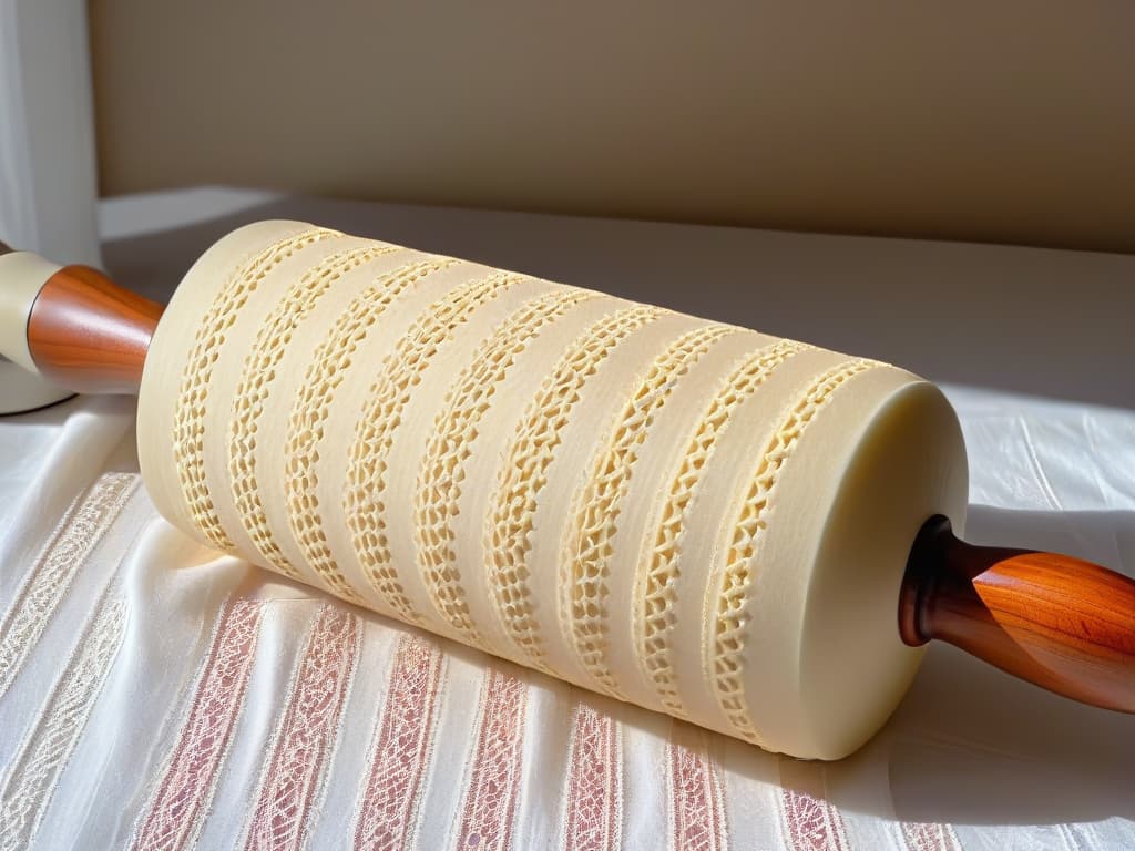  A closeup, ultradetailed image of a sleek, modern, and intricately patterned rolling pin, showcasing its precision and elegance. The design on the rolling pin is unique and mesmerizing, with fine details that hint at the endless creative possibilities it offers for decorating cookies and fondant. The image is captured in high resolution, highlighting the craftsmanship and artistry of this essential tool for pastry decoration. hyperrealistic, full body, detailed clothing, highly detailed, cinematic lighting, stunningly beautiful, intricate, sharp focus, f/1. 8, 85mm, (centered image composition), (professionally color graded), ((bright soft diffused light)), volumetric fog, trending on instagram, trending on tumblr, HDR 4K, 8K