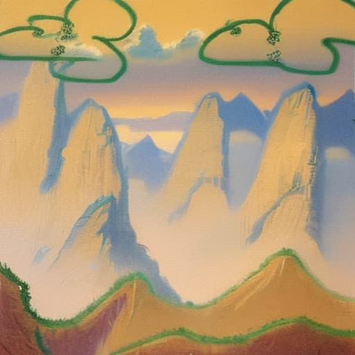  Chinese and distant, autu painting, mountains,clouds,ethereal mn colors, ancient trees,