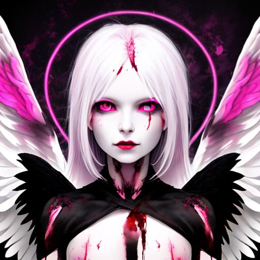  angel with black wings with blood, pink eyes and white hair, seeing infinity