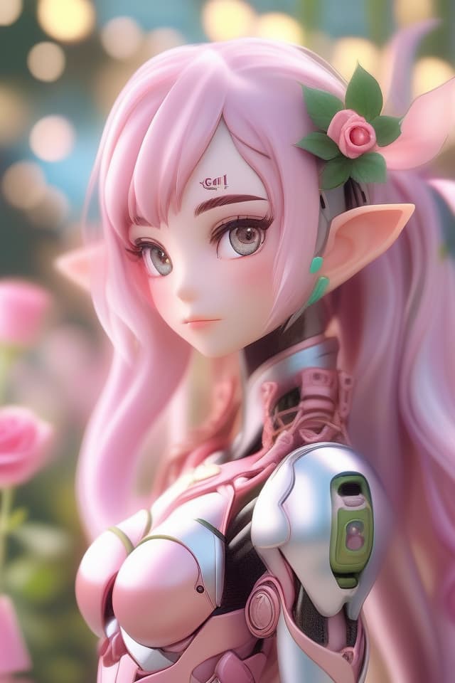  笑顔(Elf girl robot)(close up of upper body) masterpiece,cute elf head,pink hair color,long elf ears,pink robot body,with hose for watering,colorful rose garden,high quality,8k,16k