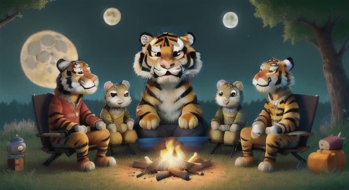  {The tiger and his new friends sitting around a campfire, sharing tales while the moon shines bright., His eyes sparkle with joy as he listens to the captivating stories.