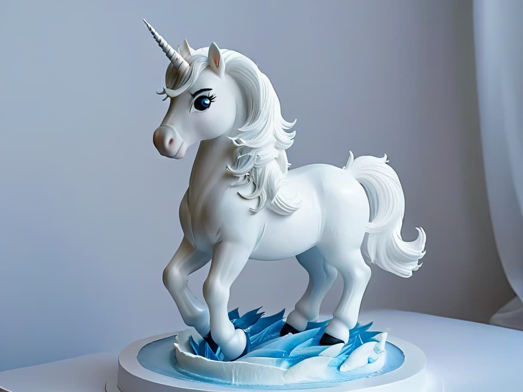  A closeup, ultradetailed image of a mesmerizing sugar sculpture depicting a majestic unicorn, delicately illuminated from within by a soft, ethereal glow. The intricate details of the unicorn's flowing mane, sparkling horn, and graceful pose are highlighted by the dynamic interplay of light and shadow, creating a truly spectacular and enchanting visual effect. hyperrealistic, full body, detailed clothing, highly detailed, cinematic lighting, stunningly beautiful, intricate, sharp focus, f/1. 8, 85mm, (centered image composition), (professionally color graded), ((bright soft diffused light)), volumetric fog, trending on instagram, trending on tumblr, HDR 4K, 8K