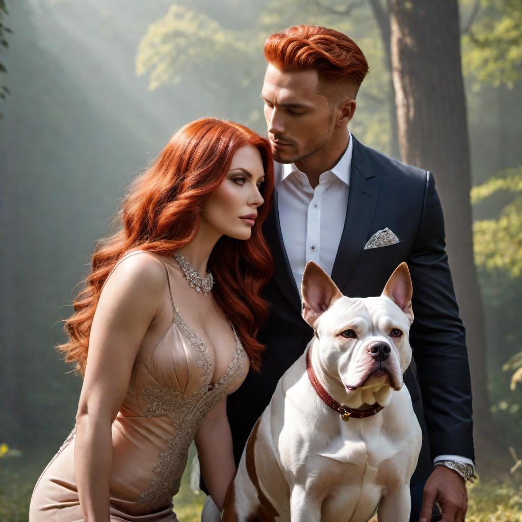  A romantic scene of a 50 red-headed woman with wavy hair ing a 39 man with a shaved chin. The man is wearing a hat and they're walking a tri-merle American Bully dog that is brown and tan with a white. The background should enhance the warm and moment between the couple while showcasing the unique and beautiful dog they are walking. hyperrealistic, full body, detailed clothing, highly detailed, cinematic lighting, stunningly beautiful, intricate, sharp focus, f/1. 8, 85mm, (centered image composition), (professionally color graded), ((bright soft diffused light)), volumetric fog, trending on instagram, trending on tumblr, HDR 4K, 8K