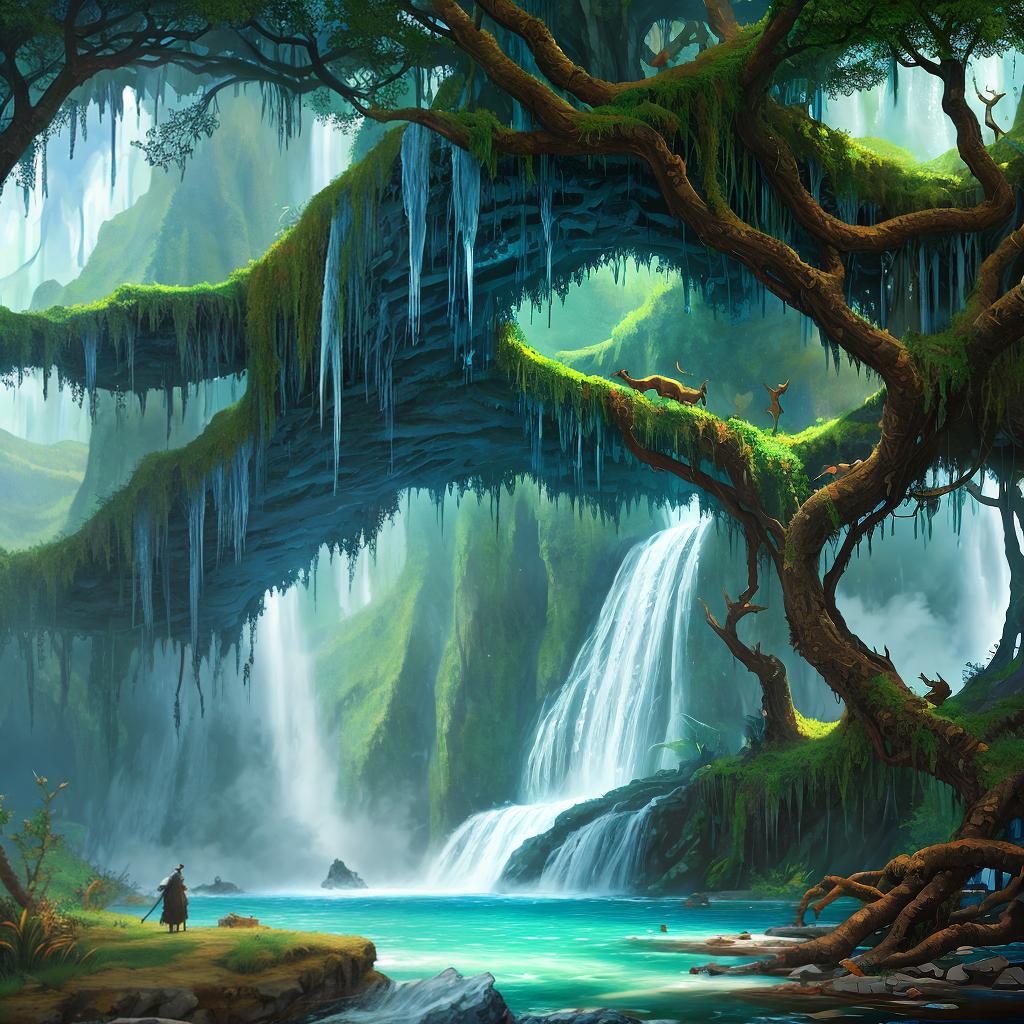  in a fantasy setting, Paint a surreal landscape where mythical beasts roam amidst cascading waterfalls.