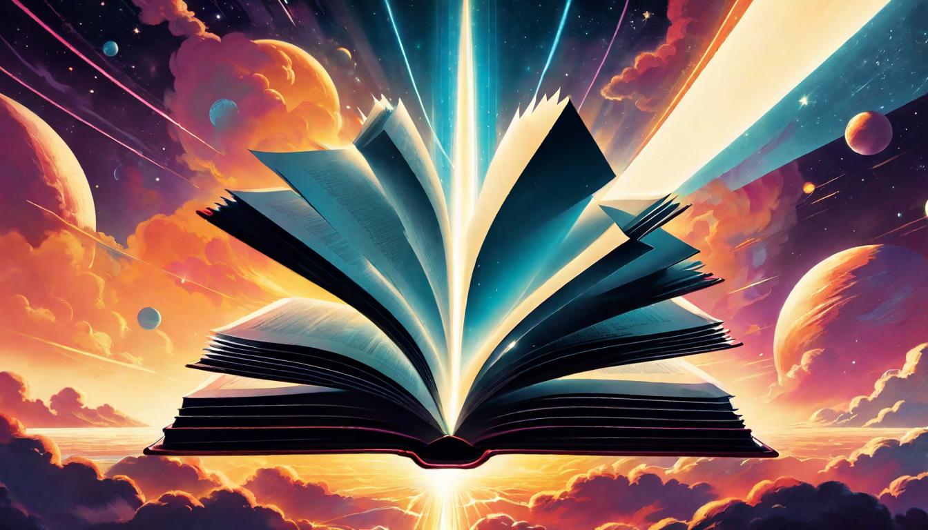  retro futuristic An open book from which light emanates, enveloping a silhouette in its glow, duality of purpose, mission, enlightenment lvintage sci fi, 50s and 60s style, atomic age, vibrant, highly detailed