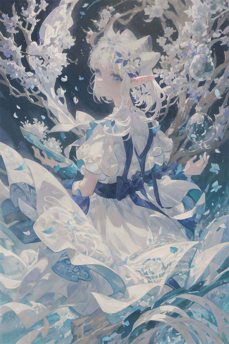  master piece , best quality,Elf ears, white hair, bobbed hair, soap bubbles, blue petals, white dress