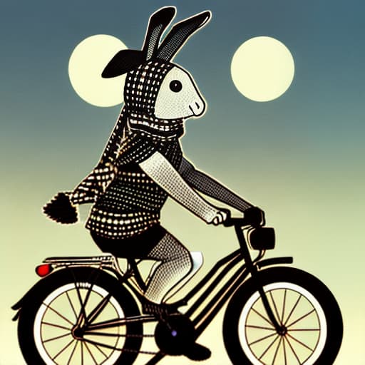  A rabbit wearing a keffiyeh at night and riding a bicycle