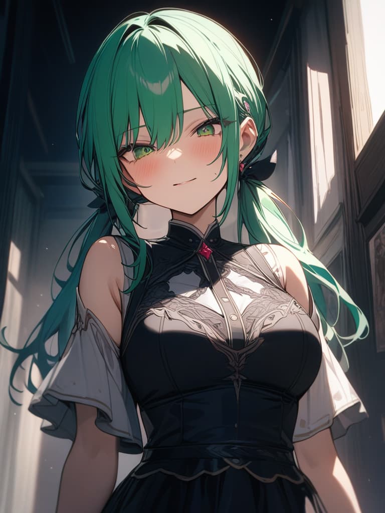  A cool expression that looks like a magical girl with a green hair character, twin tails on an elf ear, poker face expression, a magical effect, masterpiece, best quality,8k,ultra detailed,high resolution,an extremely delicate and beautiful,hyper detail