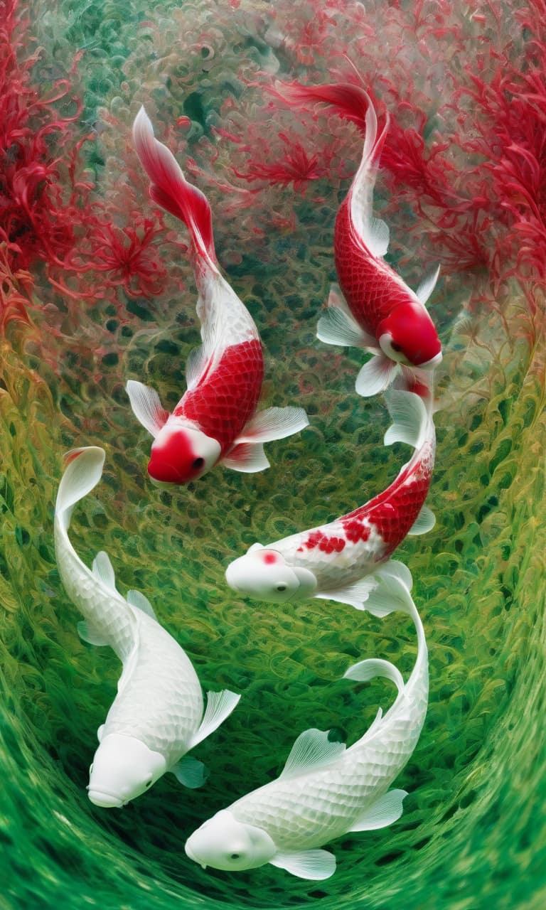  Digital image. Middle Plan. (Double exposure: 1,2), shimmering textures. Fantasy koi carp. Perfectly shaped, with symmetrically placed fins. White, with intricate bright red and black spots and scalloped scales:: mudejar, plateresco. Dynamics, turning, movement. Background: surreal abstractionism, depth, waves, perspective, green seaweed, blurred, smoky plant elements in cool shades and dark golden rocaille style swirls, thin neon threads in indigo and cyan colours. Intricate abstraction in the styles of rocaille, surrealism, zentangle, gothic, plateresco. In the manner of Klimt, Fragonard, Andrew Jones, Stefan Martiniere, Tatiana Suarez, Dürer, William Blake. High quality and detail. HDR. hyperrealistic, full body, detailed clothing, highly detailed, cinematic lighting, stunningly beautiful, intricate, sharp focus, f/1. 8, 85mm, (centered image composition), (professionally color graded), ((bright soft diffused light)), volumetric fog, trending on instagram, trending on tumblr, HDR 4K, 8K