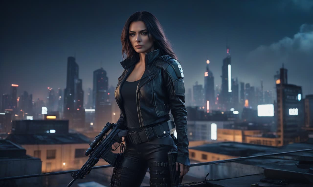  A girl stands on the roof of a cyberpunk style night city. She holds a rifle. Her appearance is neat and lovely, with black, loose hair. hyperrealistic, full body, detailed clothing, highly detailed, cinematic lighting, stunningly beautiful, intricate, sharp focus, f/1. 8, 85mm, (centered image composition), (professionally color graded), ((bright soft diffused light)), volumetric fog, trending on instagram, trending on tumblr, HDR 4K, 8K