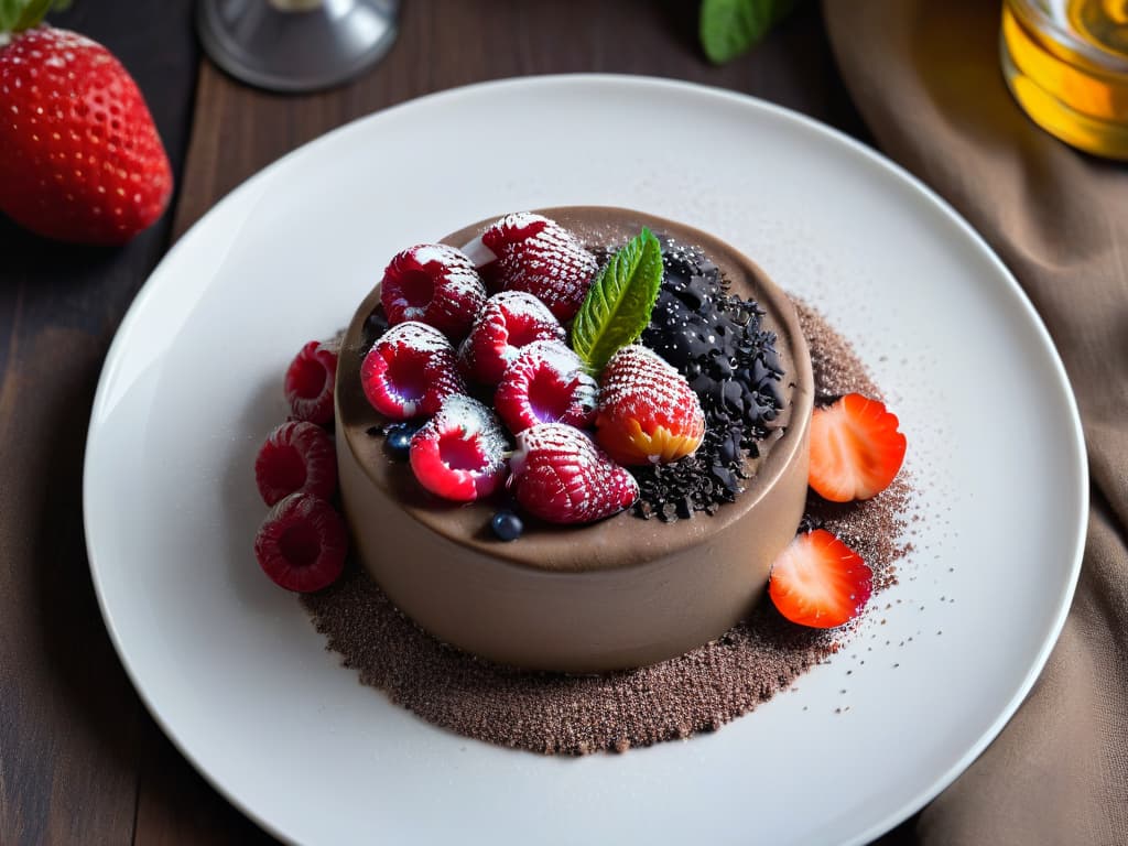  A closeup, ultradetailed image of a decadent chocolate avocado mousse topped with fresh raspberries and a sprinkle of chia seeds, presented elegantly on a sleek, modern white dessert plate. The rich, creamy texture of the mousse is perfectly captured, showcasing the glossy sheen and light, airy consistency. The vibrant red of the raspberries pops against the deep brown of the mousse, while the tiny black chia seeds add a subtle contrast and texture to the overall composition. The minimalistic presentation allows the focus to remain on the luxurious dessert, enticing viewers with its healthy yet indulgent appeal. hyperrealistic, full body, detailed clothing, highly detailed, cinematic lighting, stunningly beautiful, intricate, sharp focus, f/1. 8, 85mm, (centered image composition), (professionally color graded), ((bright soft diffused light)), volumetric fog, trending on instagram, trending on tumblr, HDR 4K, 8K