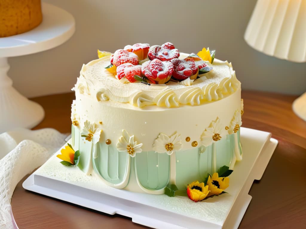  A closeup, highresolution image of a beautifully decorated threetiered pastel de tres leches, showcasing intricate piping work, delicate floral decorations, and a dusting of edible gold flakes on top. The cake sits on a pristine white cake stand against a soft, blurred background, highlighting the elegant details and craftsmanship of the pastry. hyperrealistic, full body, detailed clothing, highly detailed, cinematic lighting, stunningly beautiful, intricate, sharp focus, f/1. 8, 85mm, (centered image composition), (professionally color graded), ((bright soft diffused light)), volumetric fog, trending on instagram, trending on tumblr, HDR 4K, 8K