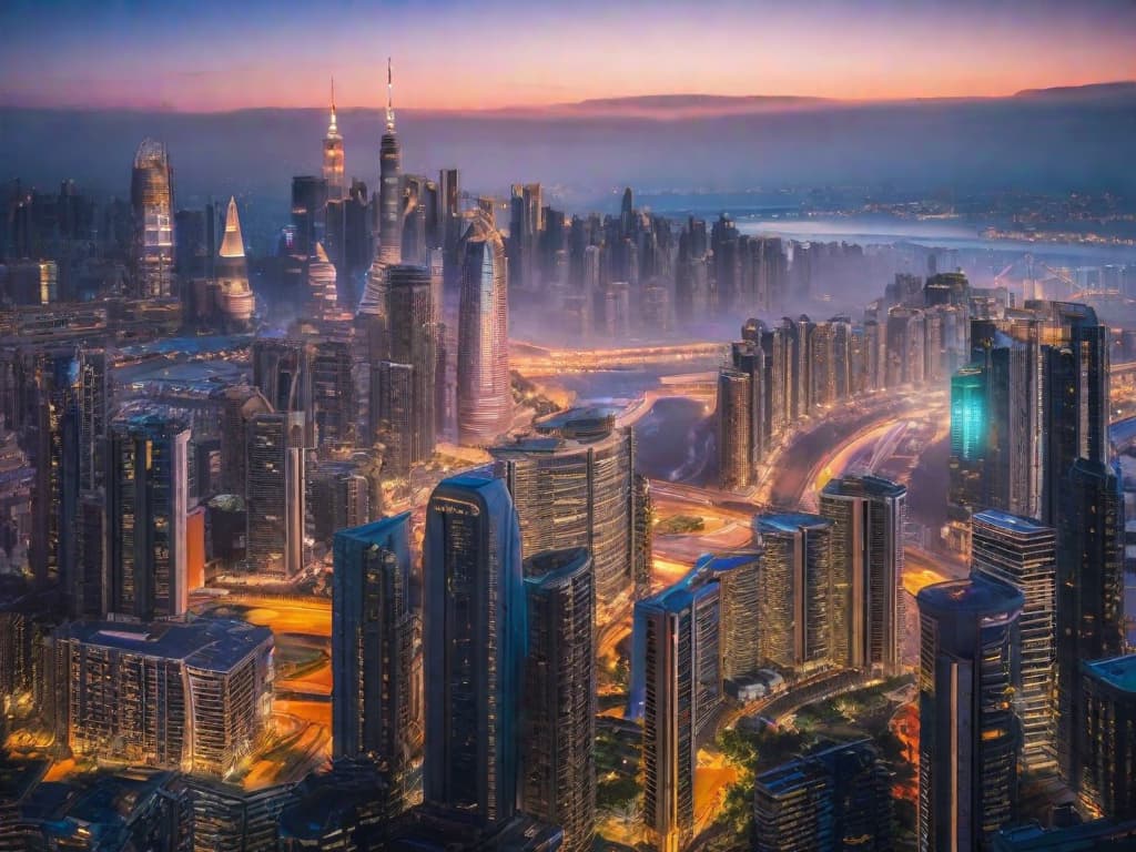  A futuristic city skyline with a mix of traditional and modern buildings, showcasing the coexistence of technology and human innovation. The image depicts a harmonious integration of artificial intelligence and human labor, highlighting the CEO's perspective on the coexistence of AI and employment. digital art, ilustration, no flares, clean hyperrealistic, full body, detailed clothing, highly detailed, cinematic lighting, stunningly beautiful, intricate, sharp focus, f/1. 8, 85mm, (centered image composition), (professionally color graded), ((bright soft diffused light)), volumetric fog, trending on instagram, trending on tumblr, HDR 4K, 8K