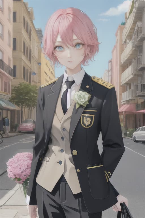  Pink  hair color, Lemon -Eye's eyes color, cute, cute,  uniform, flower in the background