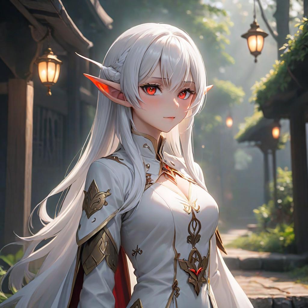  anime artwork A 2 old , short white hair, white hair, elf like ears, glowing red eyes, long elf like ears, white clothing. . anime style, key visual, vint, studio anime, highly detailed, PERFECTEYES, Perfect Hands, hkmagic hyperrealistic, full body, detailed clothing, highly detailed, cinematic lighting, stunningly beautiful, intricate, sharp focus, f/1. 8, 85mm, (centered image composition), (professionally color graded), ((bright soft diffused light)), volumetric fog, trending on instagram, trending on tumblr, HDR 4K, 8K