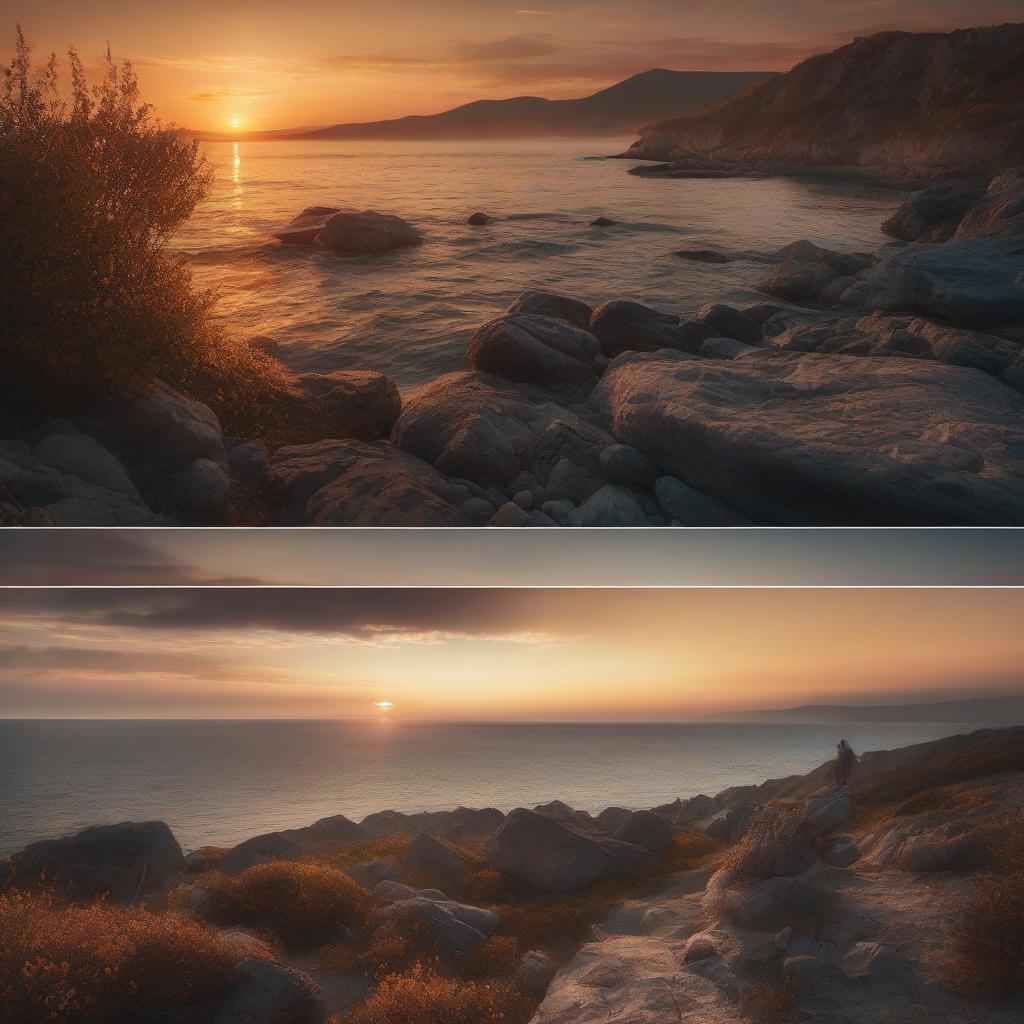  Summer sunset over the sea in Crimea hyperrealistic, full body, detailed clothing, highly detailed, cinematic lighting, stunningly beautiful, intricate, sharp focus, f/1. 8, 85mm, (centered image composition), (professionally color graded), ((bright soft diffused light)), volumetric fog, trending on instagram, trending on tumblr, HDR 4K, 8K