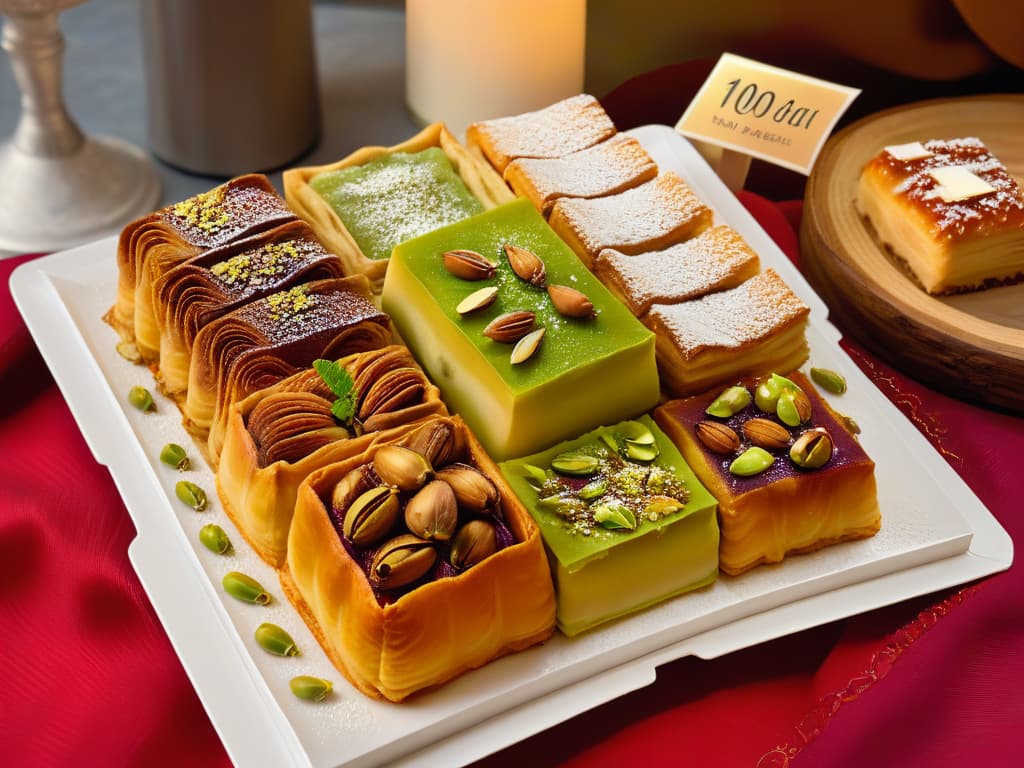  An ultradetailed, 8K resolution image of a tray filled with a variety of traditional Turkish baklavas, beautifully arranged in a symmetrical pattern. The baklavas are exquisitely garnished with crushed pistachios, and a light drizzle of honey glistens on their golden, flaky layers. The vibrant colors of the pistachios contrast elegantly with the rich hues of the sweet pastries, creating a visually stunning and inviting image that perfectly captures the essence of Turkish dessert craftsmanship. hyperrealistic, full body, detailed clothing, highly detailed, cinematic lighting, stunningly beautiful, intricate, sharp focus, f/1. 8, 85mm, (centered image composition), (professionally color graded), ((bright soft diffused light)), volumetric fog, trending on instagram, trending on tumblr, HDR 4K, 8K