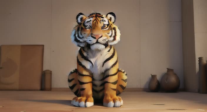  {The tiger is sitting with his head down, looking dejected., The tiger's ears are drooping, and his eyes are downcast.