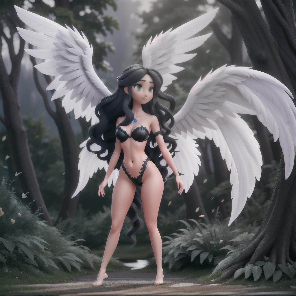  black and white image to color. Long-haired nymph with large wings near a lake hyperrealistic, full body, detailed clothing, highly detailed, cinematic lighting, stunningly beautiful, intricate, sharp focus, f/1. 8, 85mm, (centered image composition), (professionally color graded), ((bright soft diffused light)), volumetric fog, trending on instagram, trending on tumblr, HDR 4K, 8K